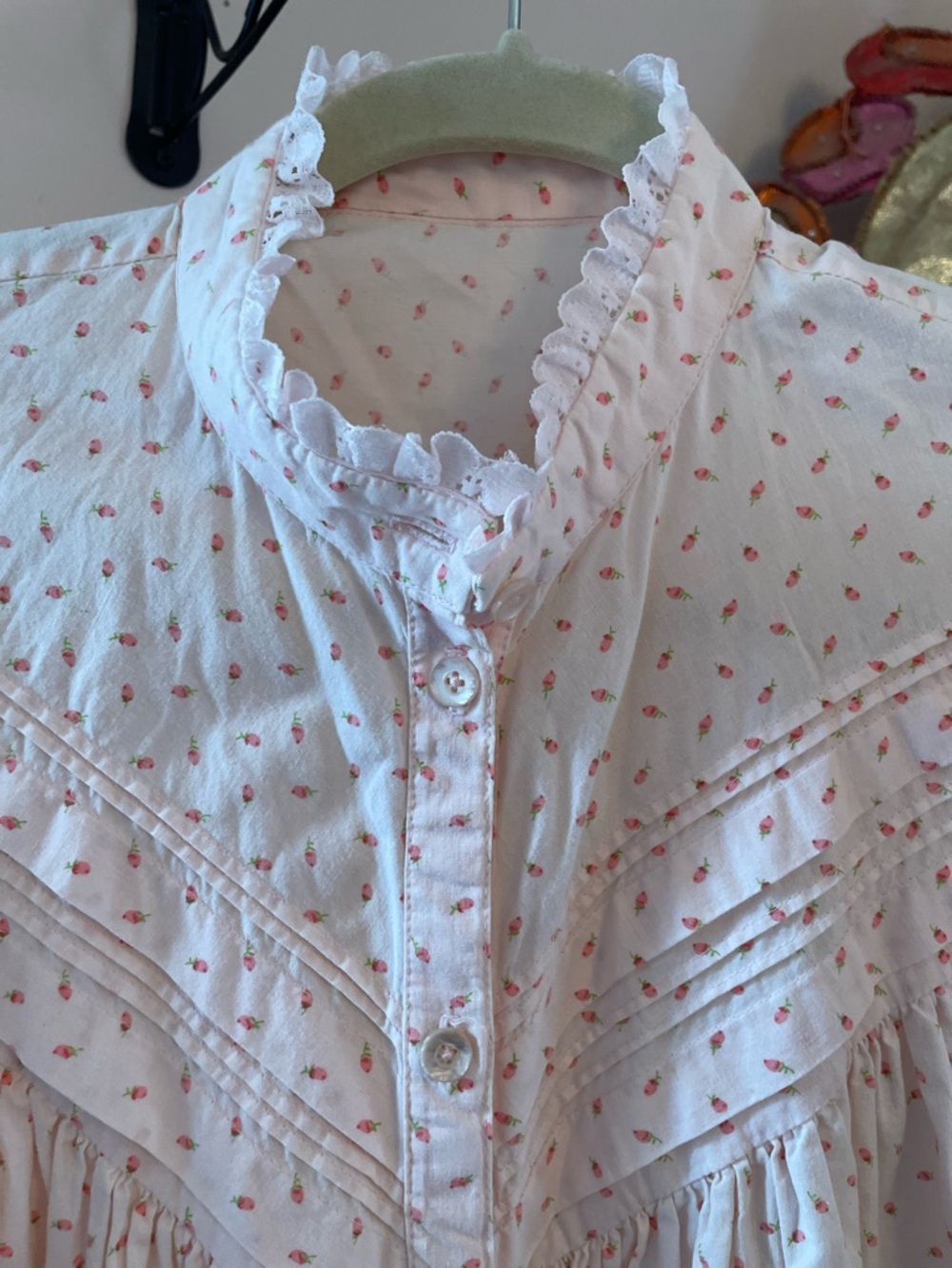 Pale Pink Ruffled High-Neck Cotton with Pink Rosebud Print, Pin-tucked Bodice